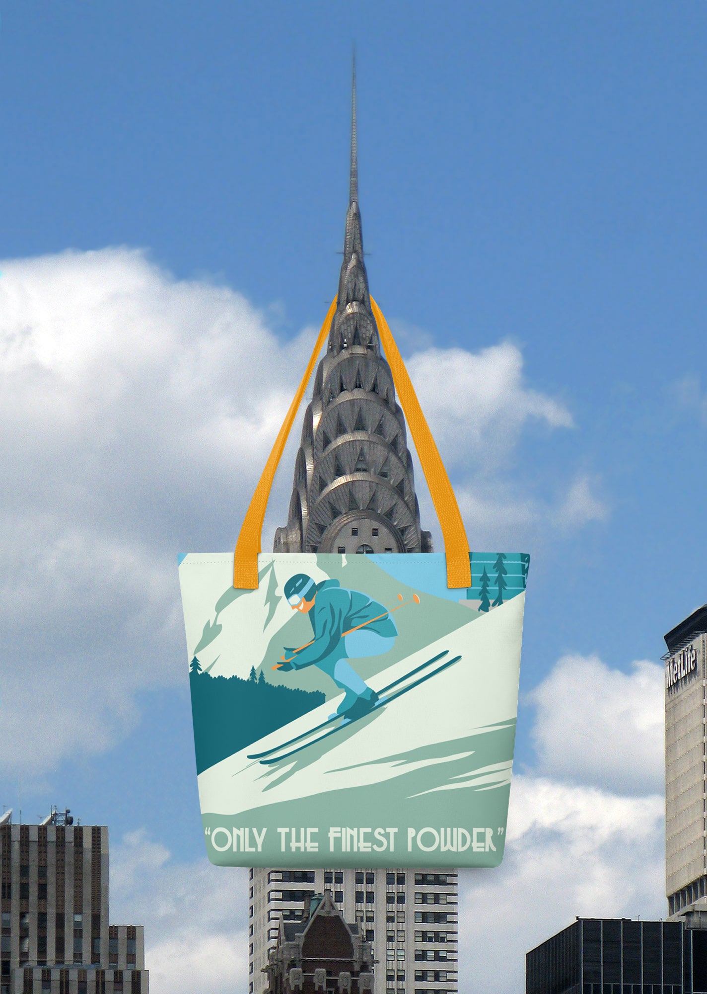 Tote bag with skier design against the Chrystler Building in a New York cityscape background
